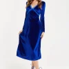 Women's Midi Dress in Royal Blue Velvet with Long Sleeves - Liquorish