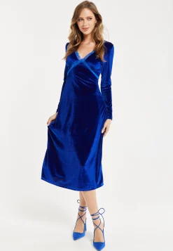 Women's Midi Dress in Royal Blue Velvet with Long Sleeves - Liquorish
