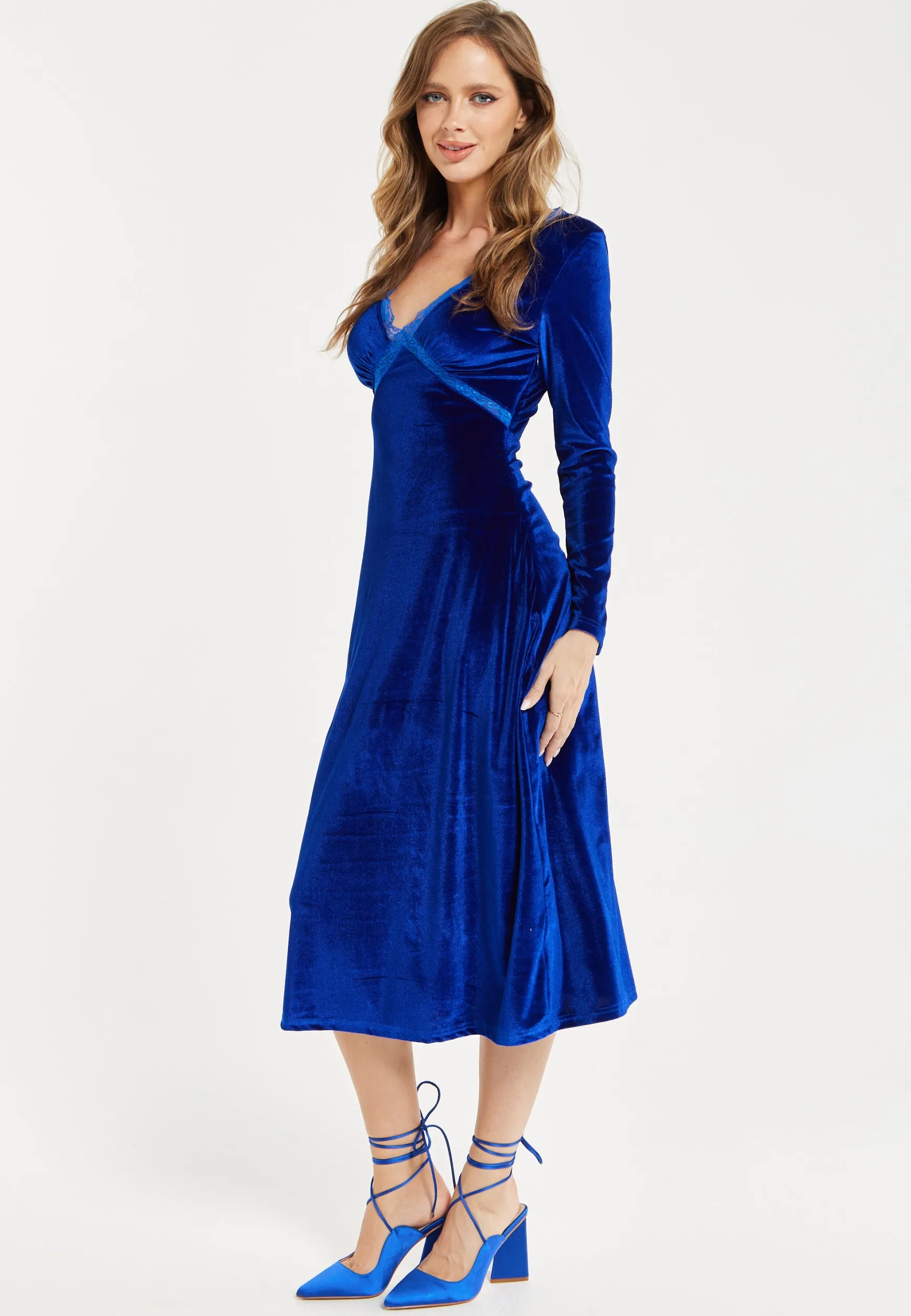 Women's Midi Dress in Royal Blue Velvet with Long Sleeves - Liquorish