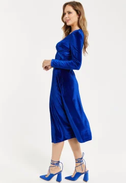 Women's Midi Dress in Royal Blue Velvet with Long Sleeves - Liquorish