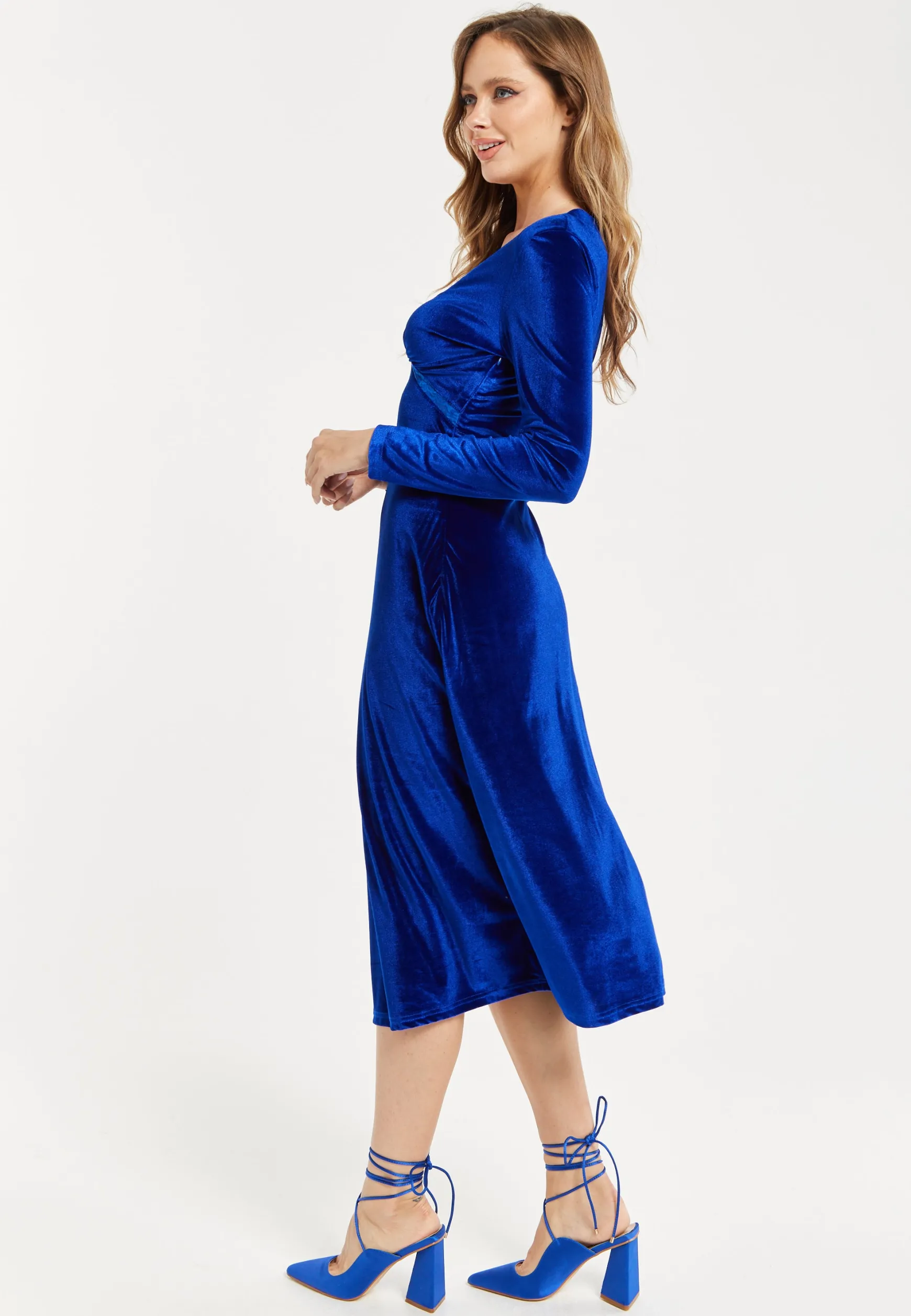 Women's Midi Dress in Royal Blue Velvet with Long Sleeves - Liquorish