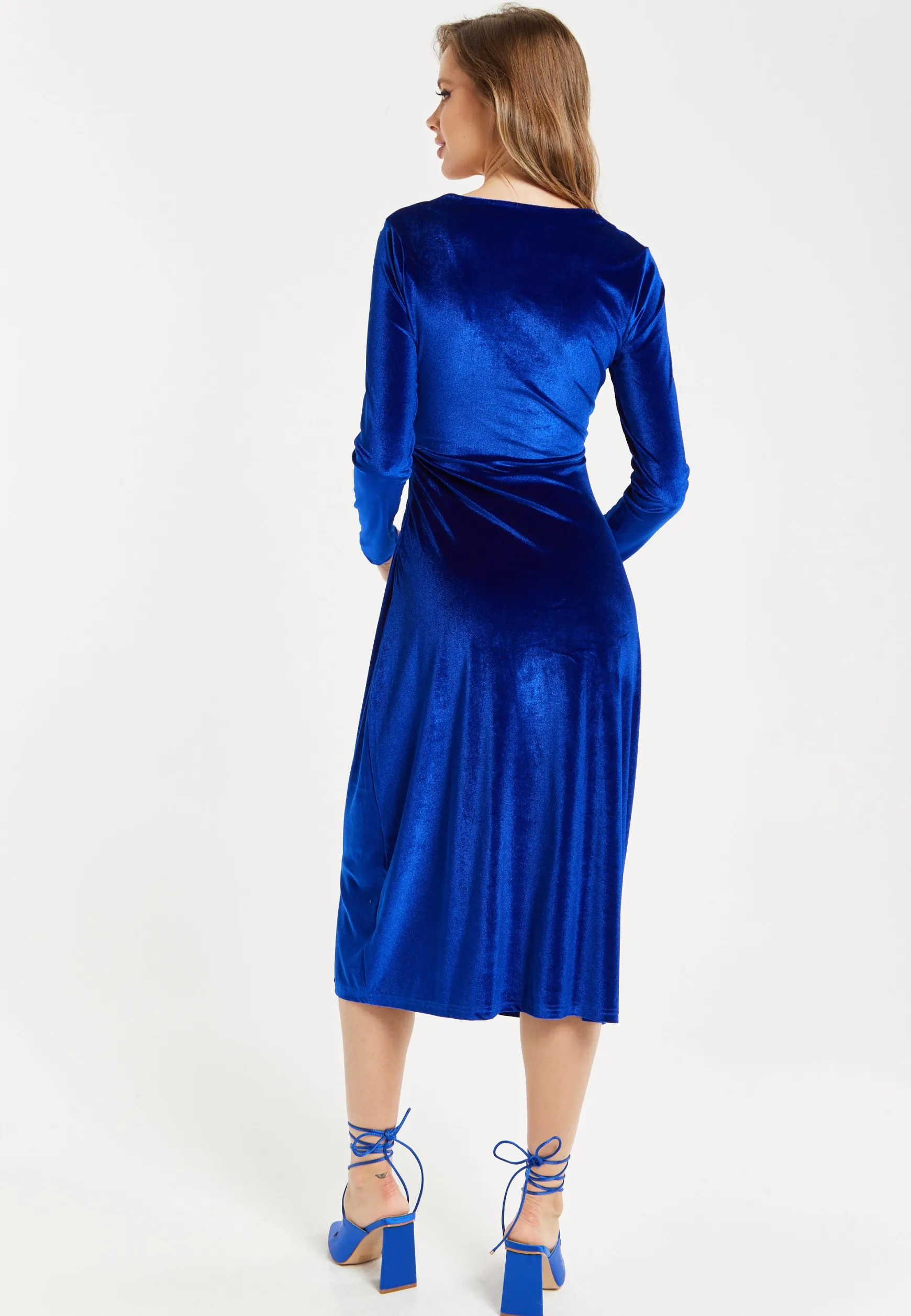 Women's Midi Dress in Royal Blue Velvet with Long Sleeves - Liquorish