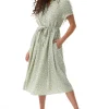 Women's Midi Dress in Sage and Purple Floral with Short Sleeves - Button Up and Tie Waist by Liquorish