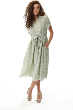 Women's Midi Dress in Sage and Purple Floral with Short Sleeves - Button Up and Tie Waist by Liquorish