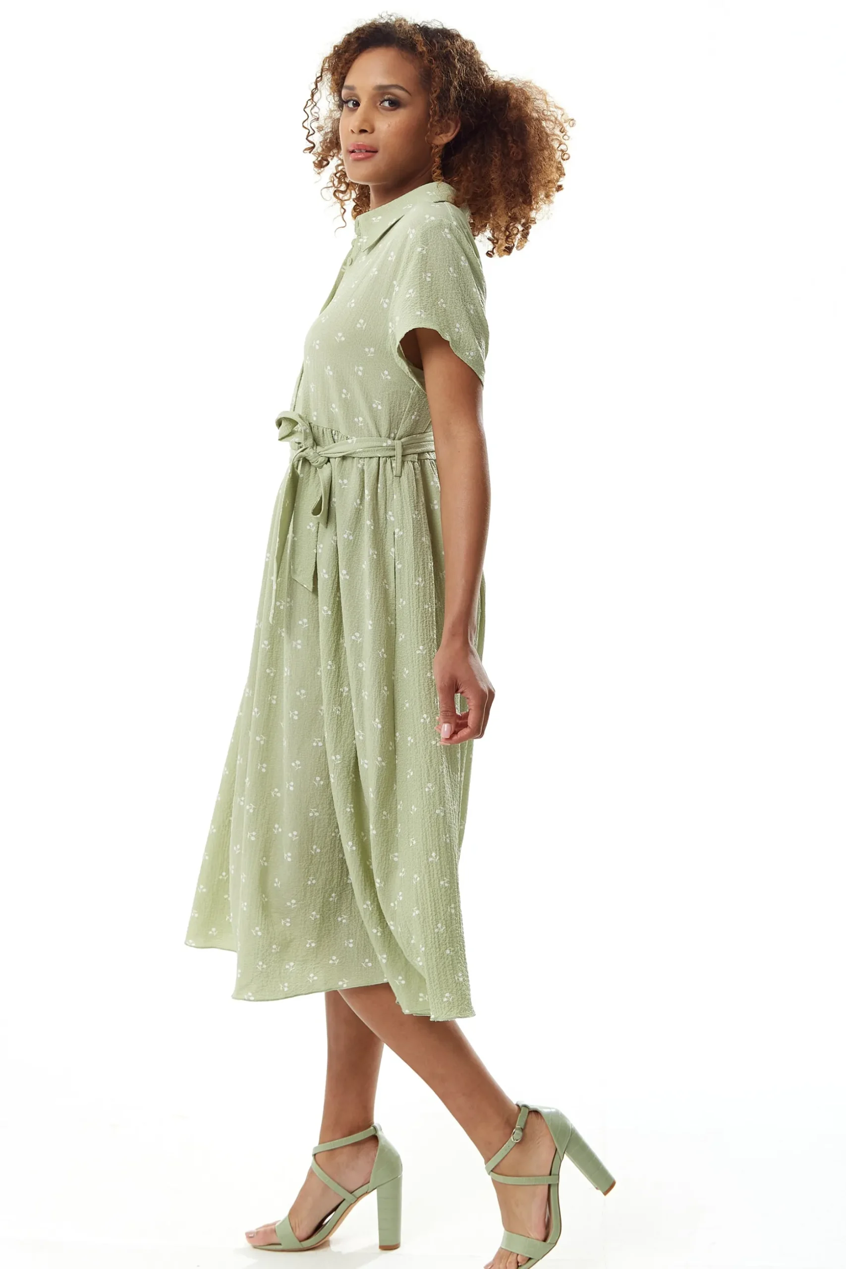 Women's Midi Dress in Sage Green with Cherry Print and Short Sleeves, Button Up Front, Tie Waist - Liquorish