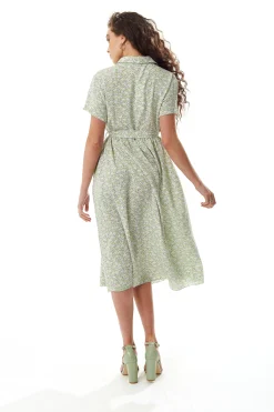 Women's Midi Dress in Sage and Purple Floral with Short Sleeves - Button Up and Tie Waist by Liquorish