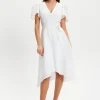 Women's Midi Dress in White with Angel Sleeves - Elegant Checkered Wrap Design by Liquorish