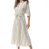 Women's Midi Dress in White with Long Sleeves and Navy Stripes - Elegant Button Up Style by Liquorish