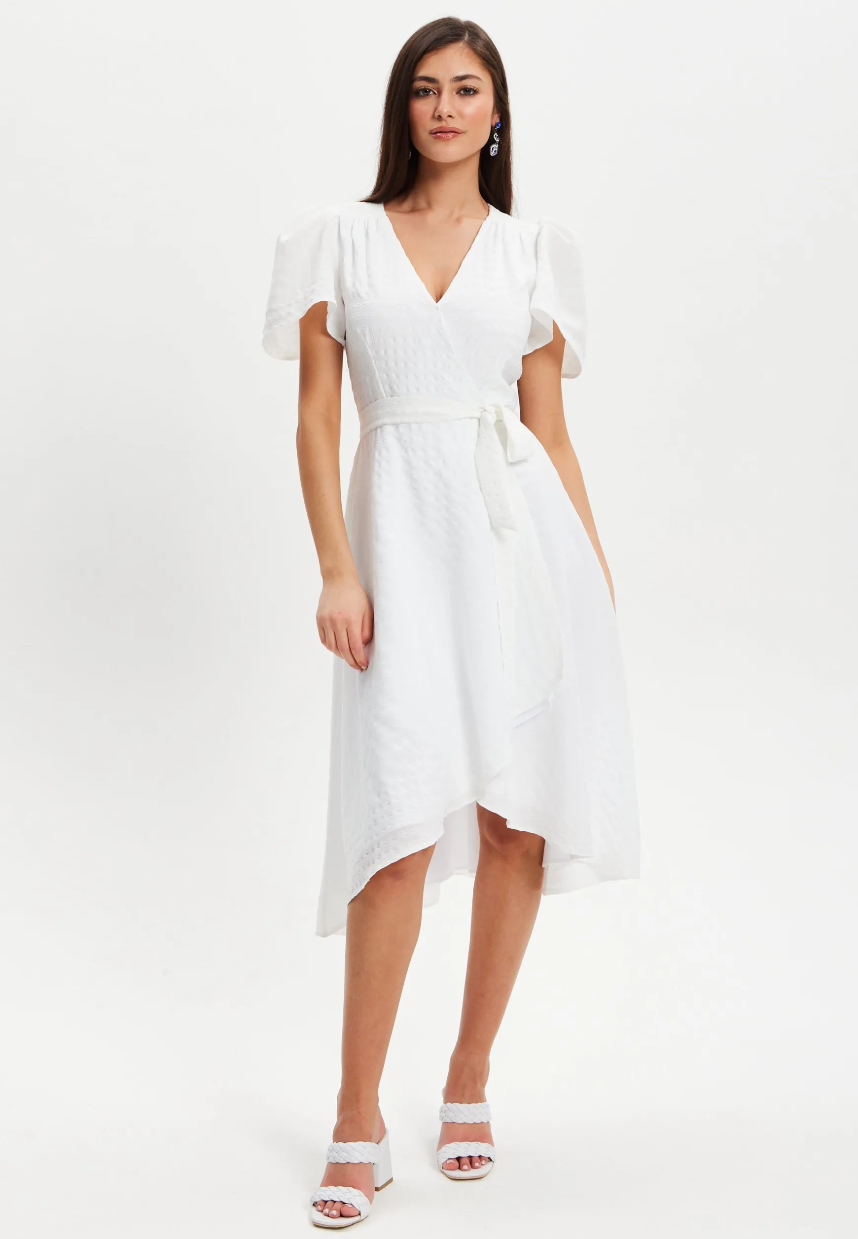 Women's Midi Dress in White with Angel Sleeves - Elegant Checkered Wrap Design by Liquorish