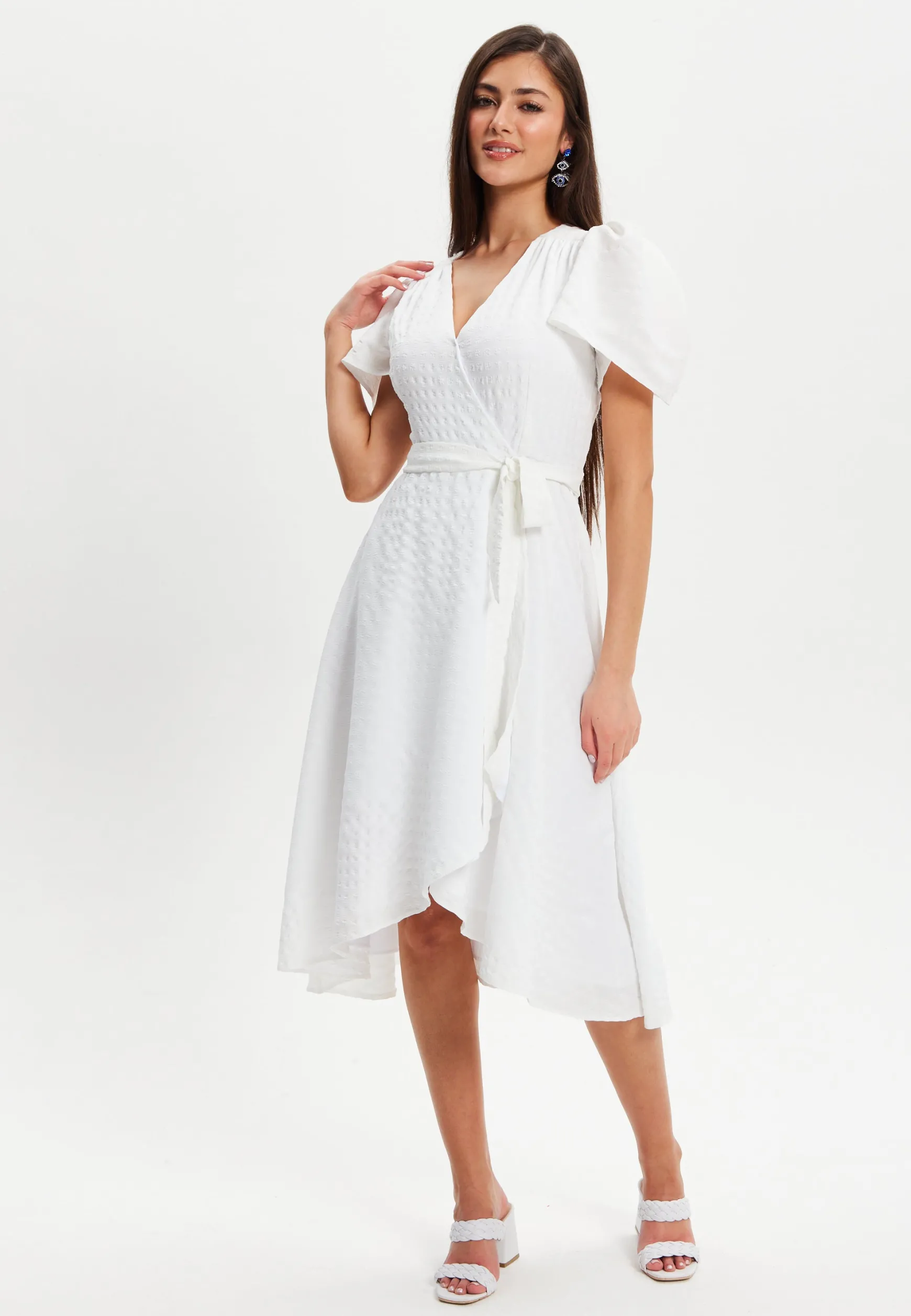 Women's Midi Dress in White with Angel Sleeves - Elegant Checkered Wrap Design by Liquorish