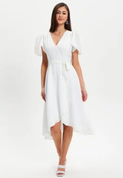 Women's Midi Dress in White with Angel Sleeves - Elegant Checkered Wrap Design by Liquorish