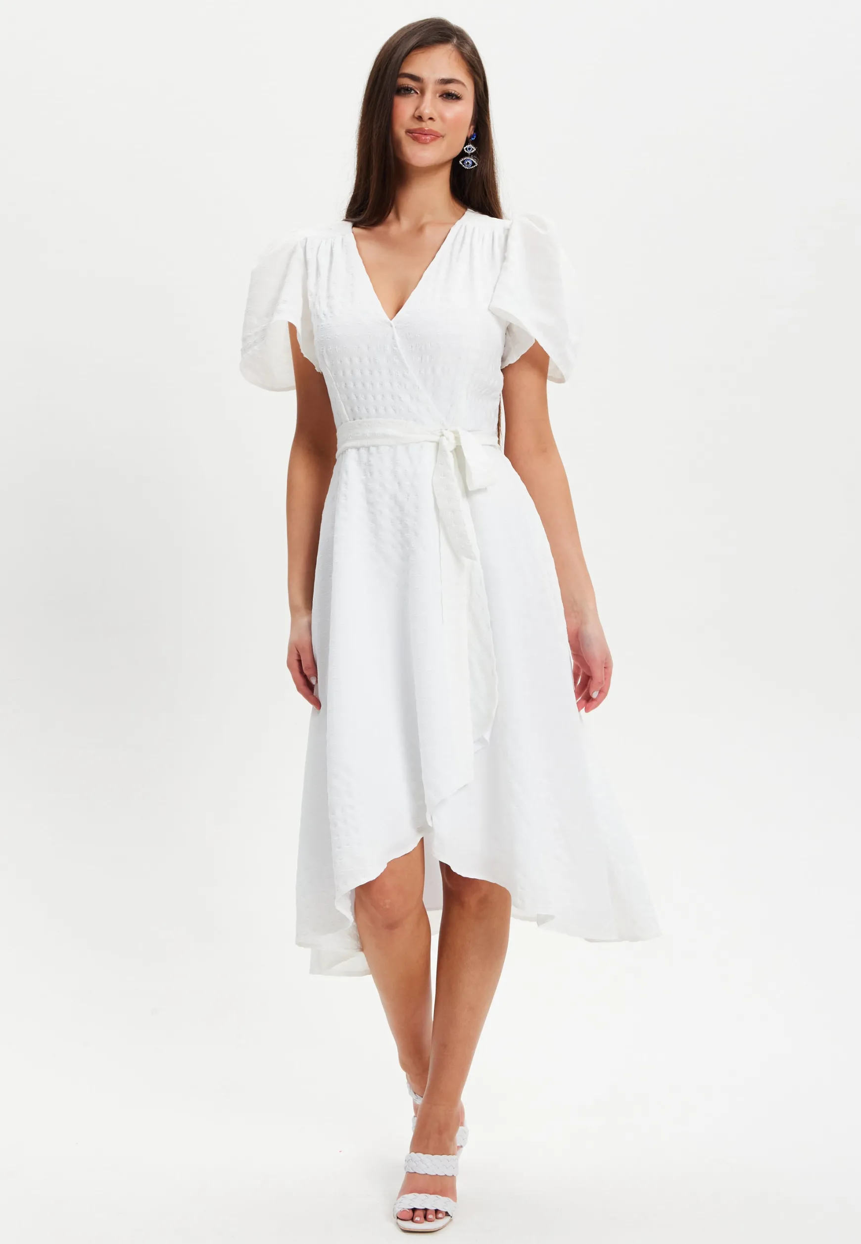 Women's Midi Dress in White with Angel Sleeves - Elegant Checkered Wrap Design by Liquorish
