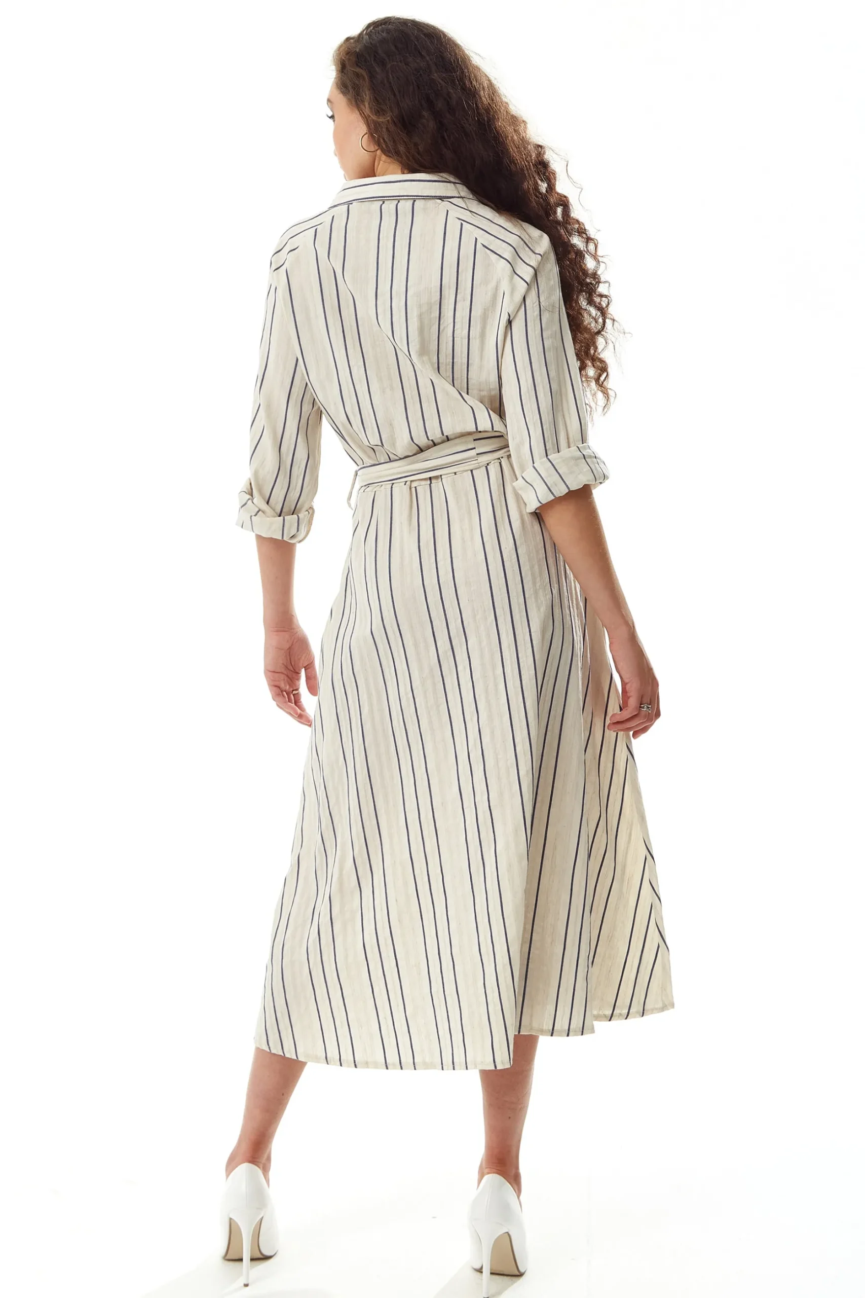 Women's Midi Dress in White with Long Sleeves and Navy Stripes - Elegant Button Up Style by Liquorish