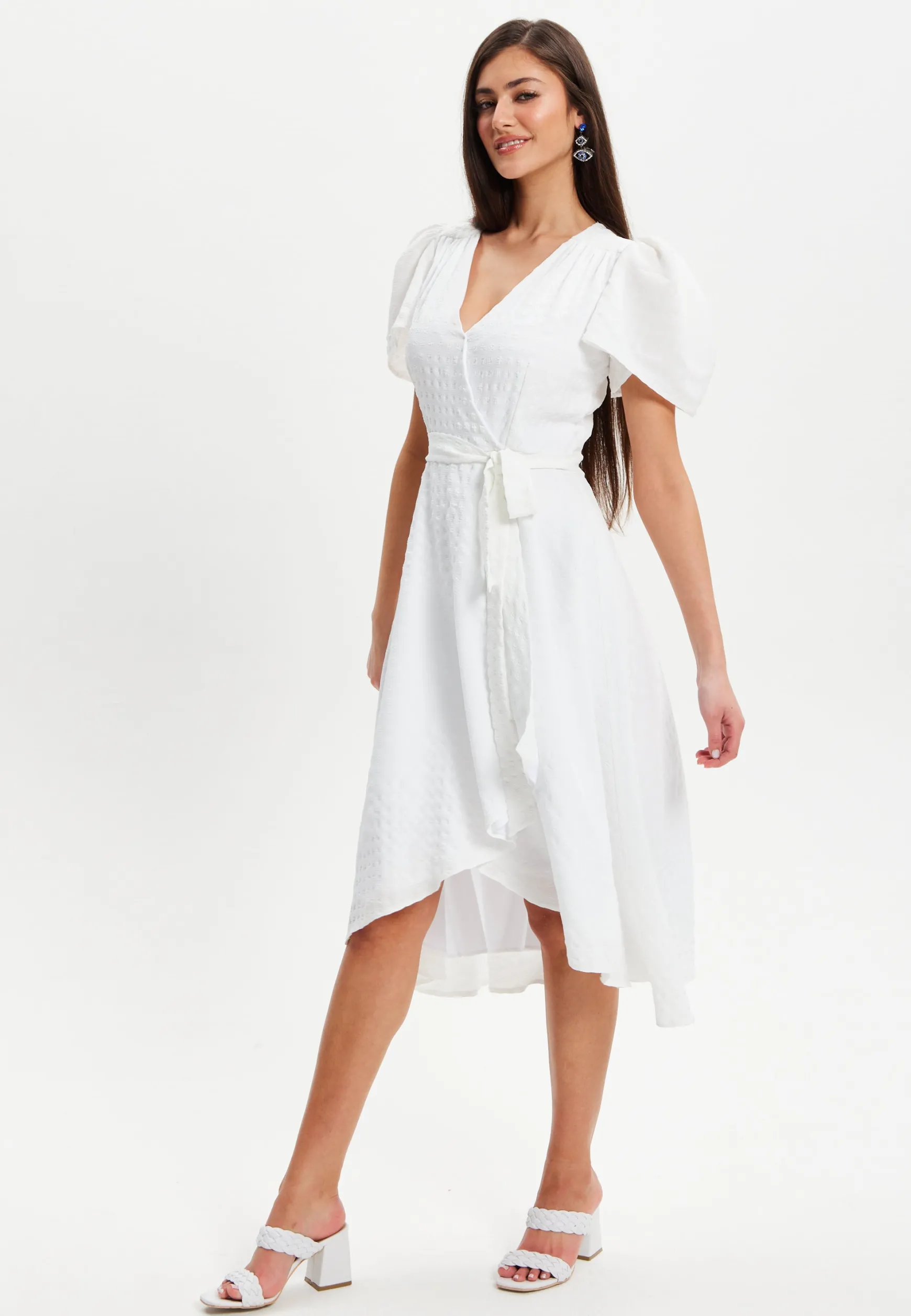 Women's Midi Dress in White with Angel Sleeves - Elegant Checkered Wrap Design by Liquorish