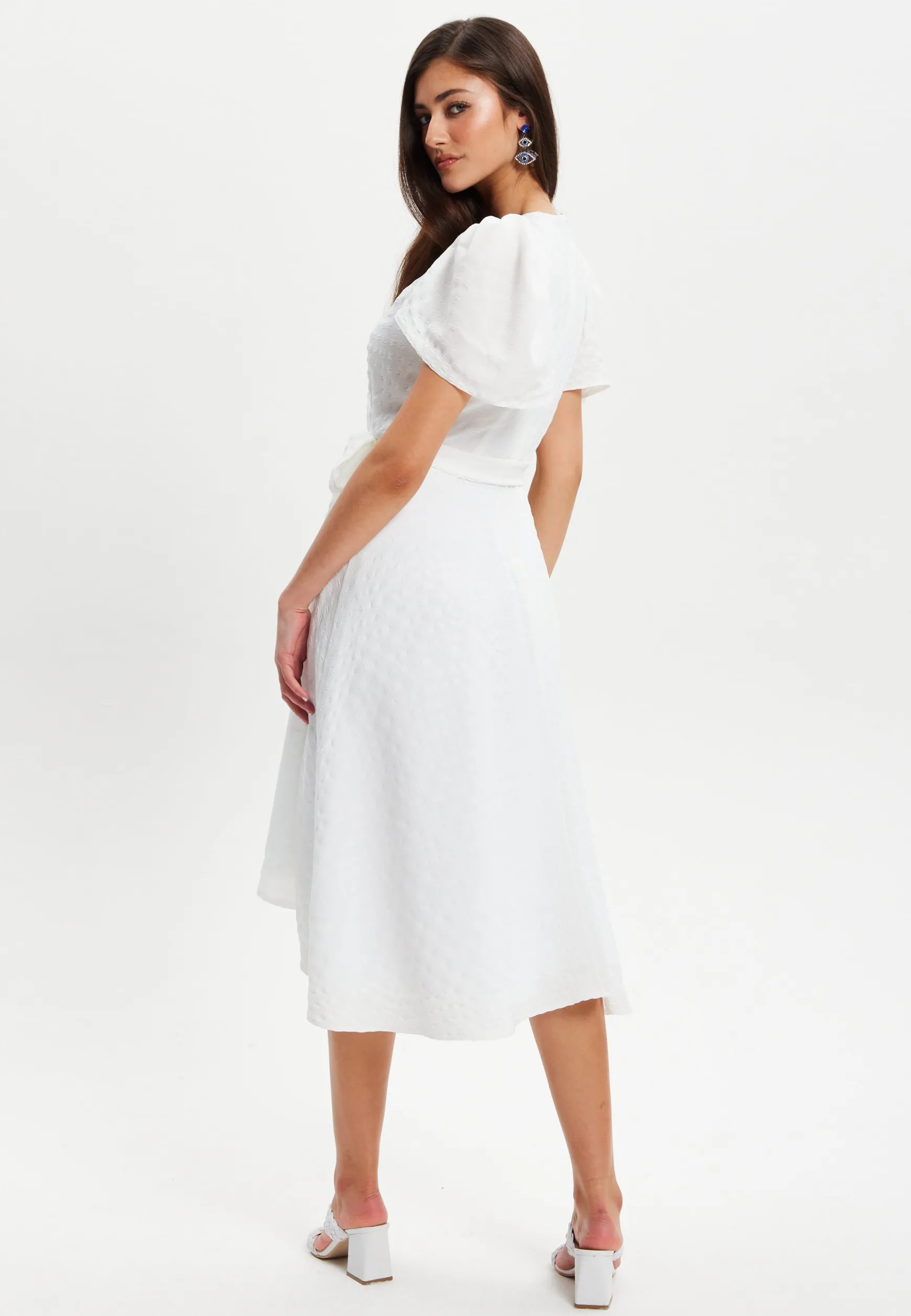 Women's Midi Dress in White with Angel Sleeves - Elegant Checkered Wrap Design by Liquorish