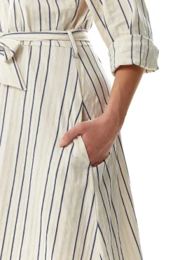 Women's Midi Dress in White with Long Sleeves and Navy Stripes - Elegant Button Up Style by Liquorish