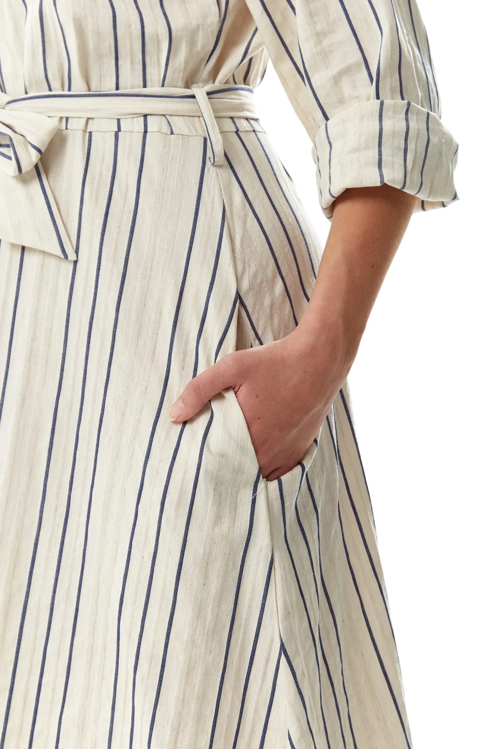Women's Midi Dress in White with Long Sleeves and Navy Stripes - Elegant Button Up Style by Liquorish