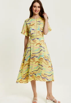Women's Midi Dress in Yellow with Kimono Sleeves and Abstract Zebra Print - Liquorish