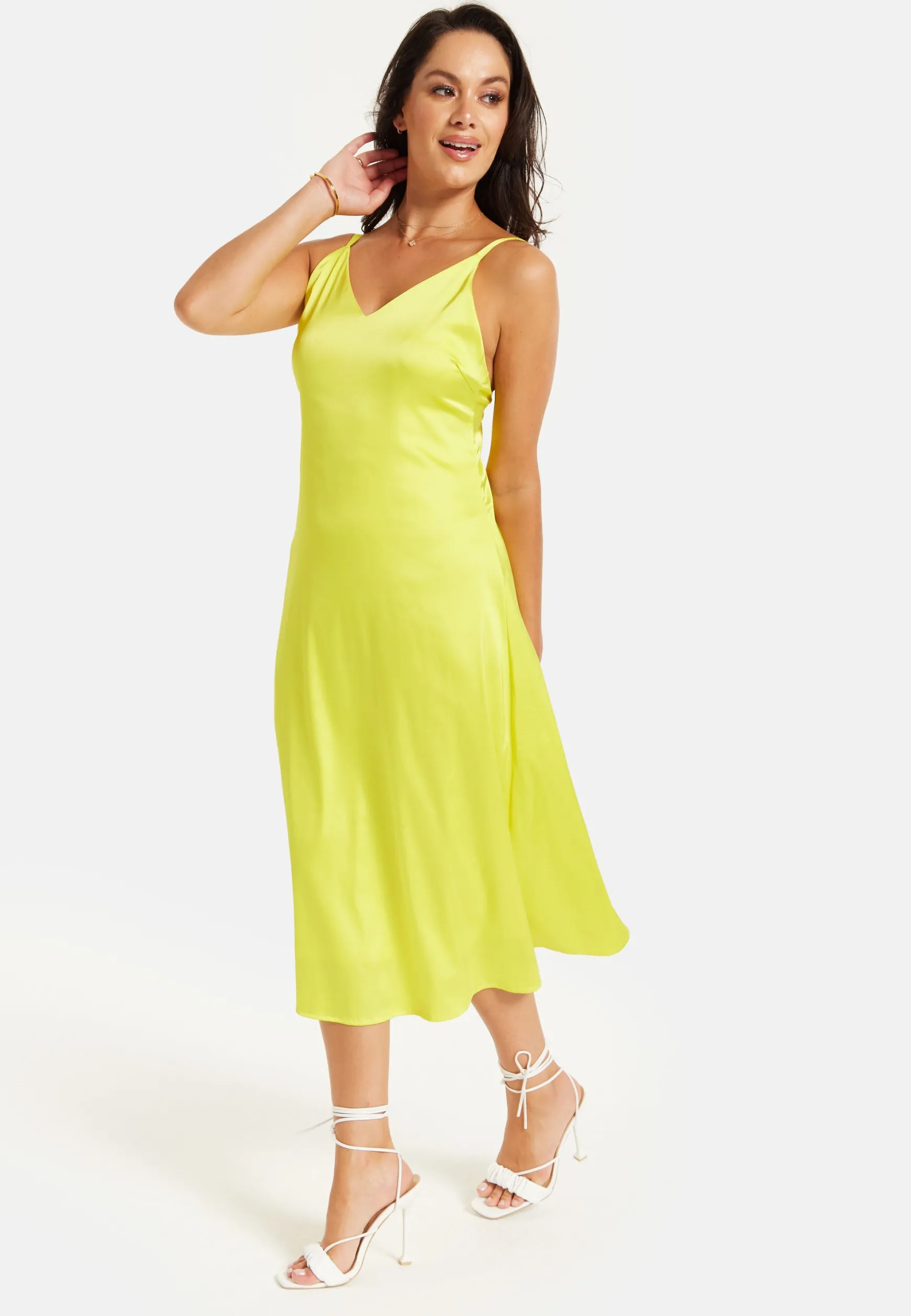 Women's Midi Dress in Yellow Satin with Spaghetti Straps and Deep V Neck - Liquorish
