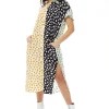 Women’s Midi Dress, Oversized Animal Print with Green Collar, Button-Up Front, Short Sleeves