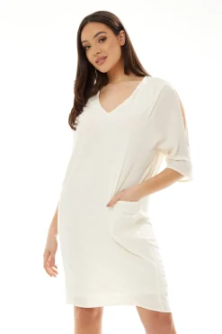 Women's Midi Dress with 3/4 Sleeves and Pockets in White - Effortless Style by Liquorish