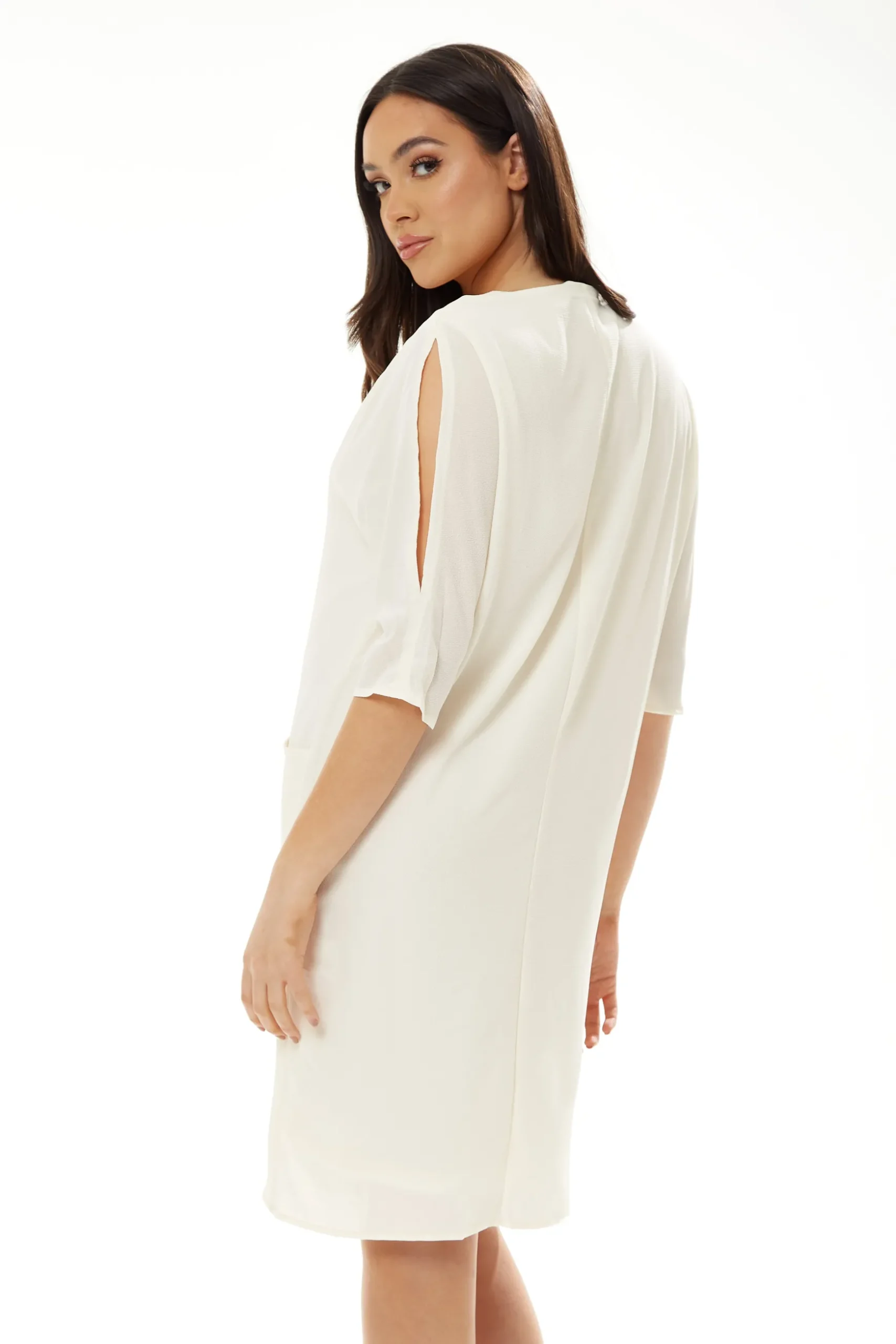 Women's Midi Dress with 3/4 Sleeves and Pockets in White - Effortless Style by Liquorish