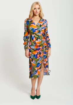 Women's Midi Dress with Adjustable Long Sleeves in Olive - Abstract Leaf Print Design by Liquorish