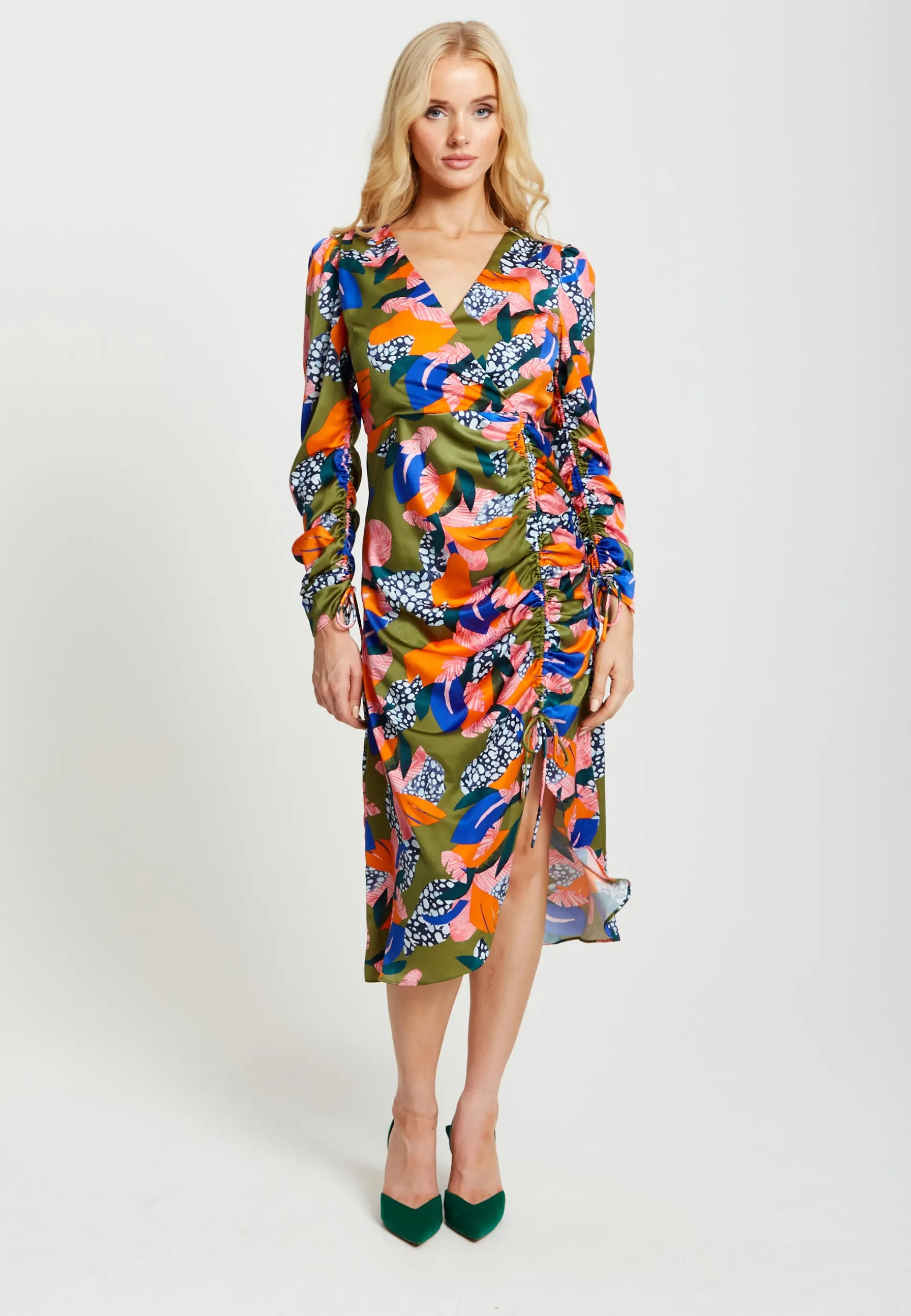 Women's Midi Dress with Adjustable Long Sleeves in Olive - Abstract Leaf Print Design by Liquorish