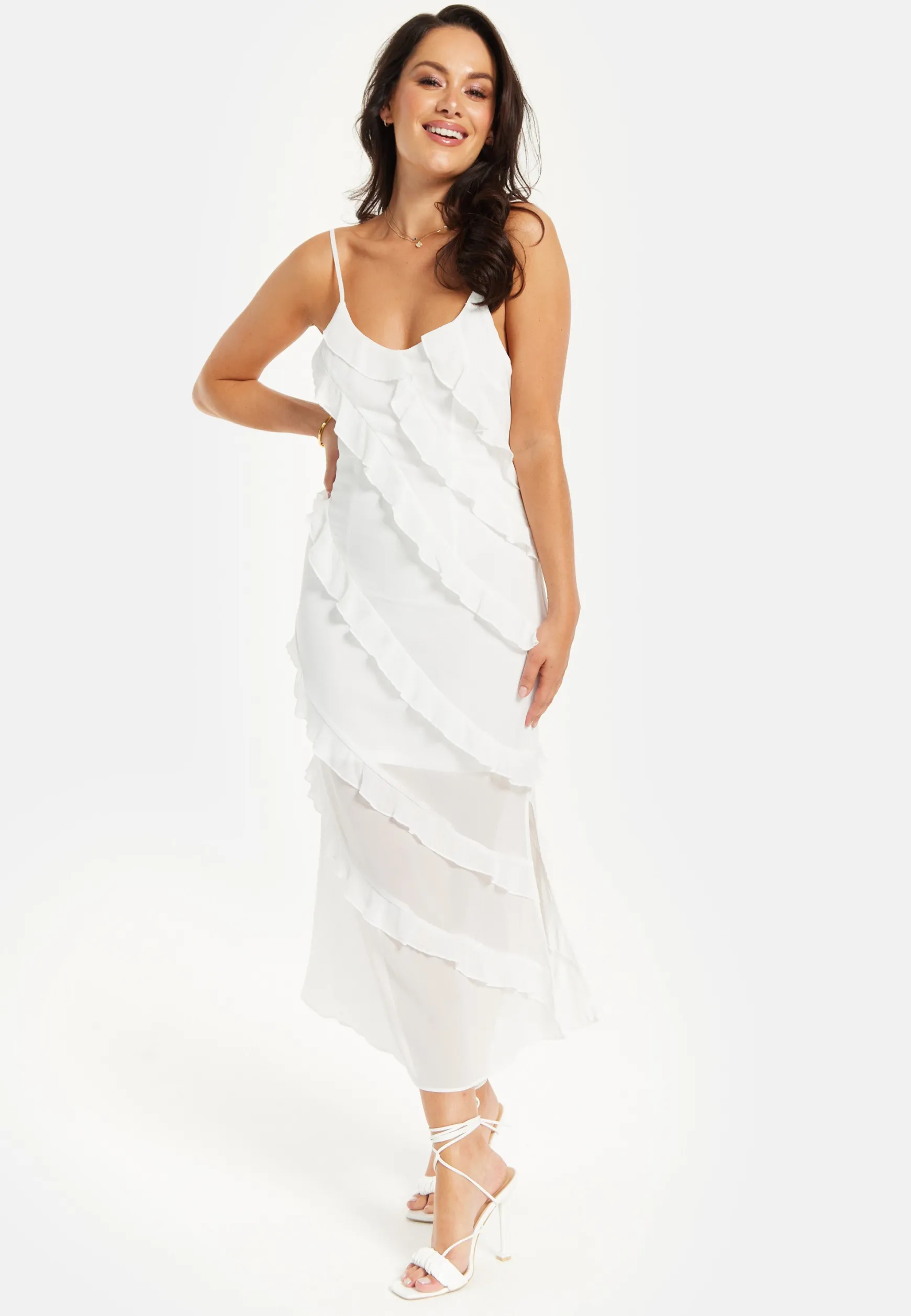 Women's Midi Dress with Adjustable Sleeves in White - Elegant Frill Design by Liquorish