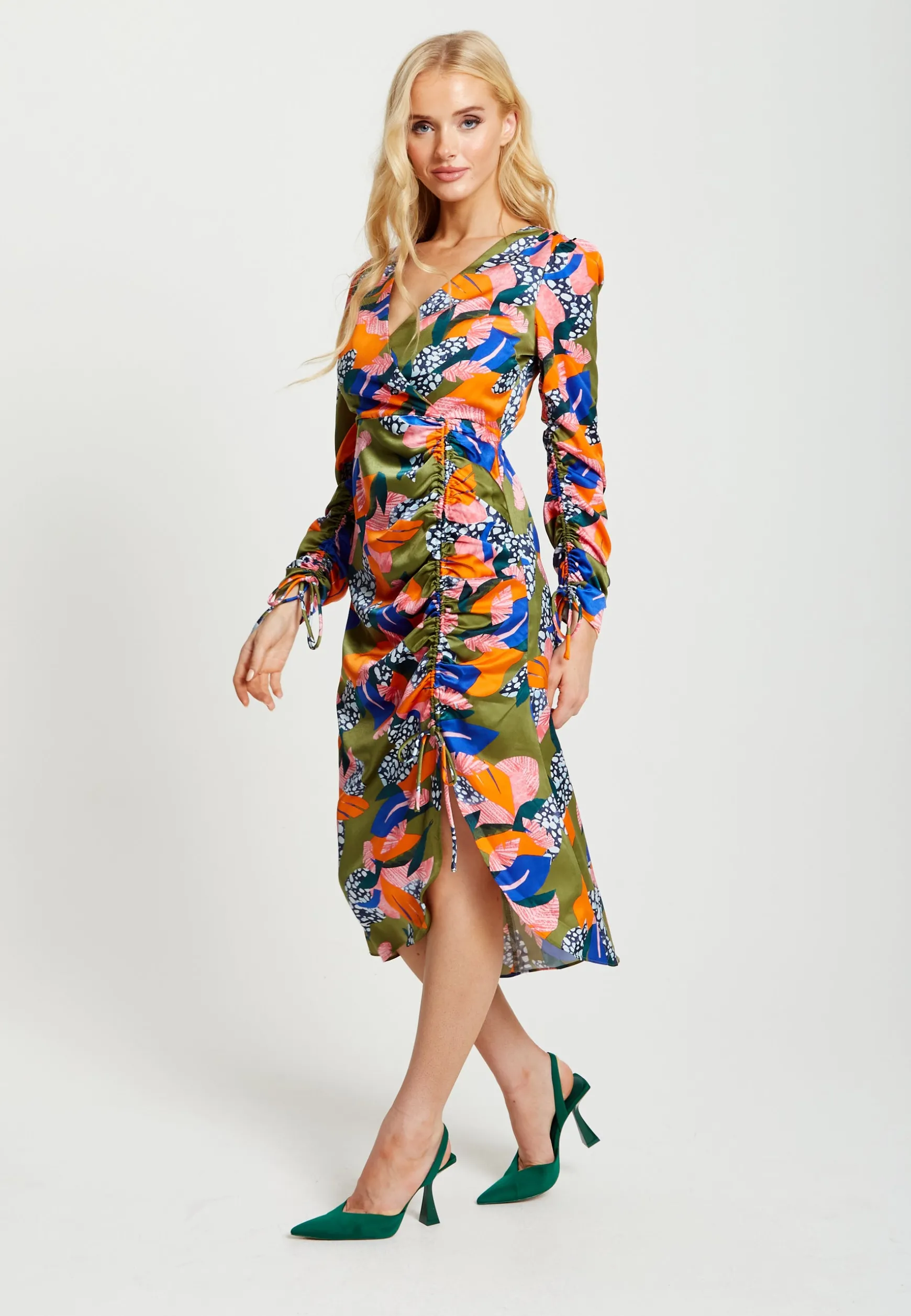 Women's Midi Dress with Adjustable Long Sleeves in Olive - Abstract Leaf Print Design by Liquorish