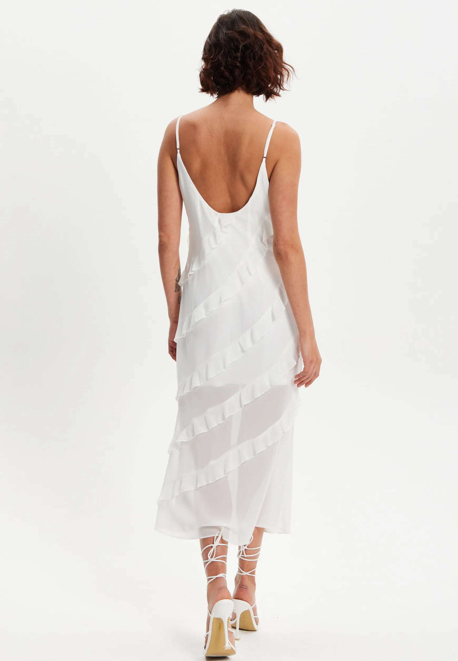Women's Midi Dress with Adjustable Sleeves in White - Elegant Frill Design by Liquorish