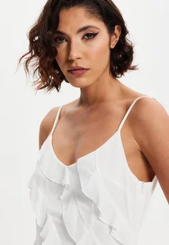 Women's Midi Dress with Adjustable Sleeves in White - Elegant Frill Design by Liquorish