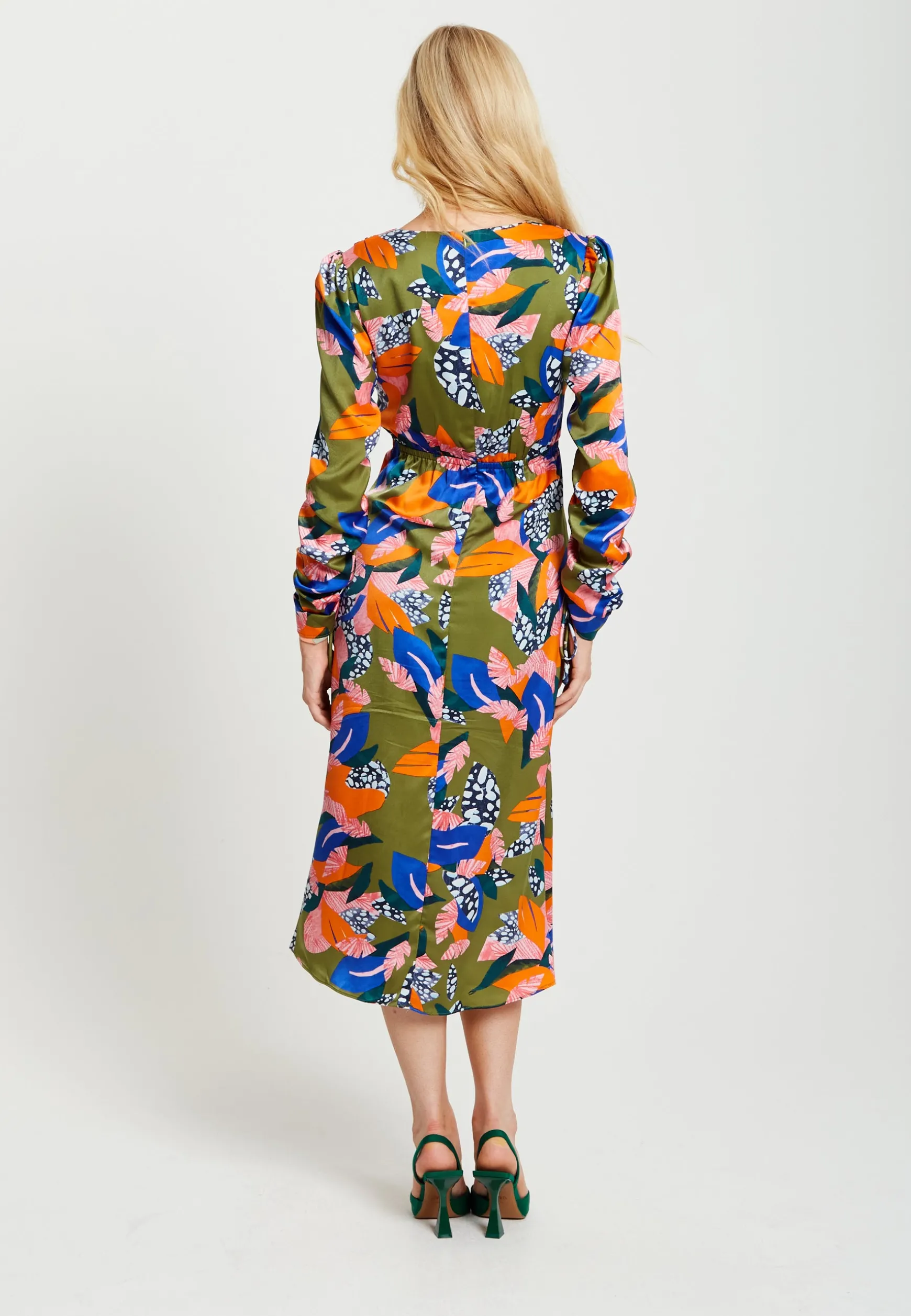 Women's Midi Dress with Adjustable Long Sleeves in Olive - Abstract Leaf Print Design by Liquorish