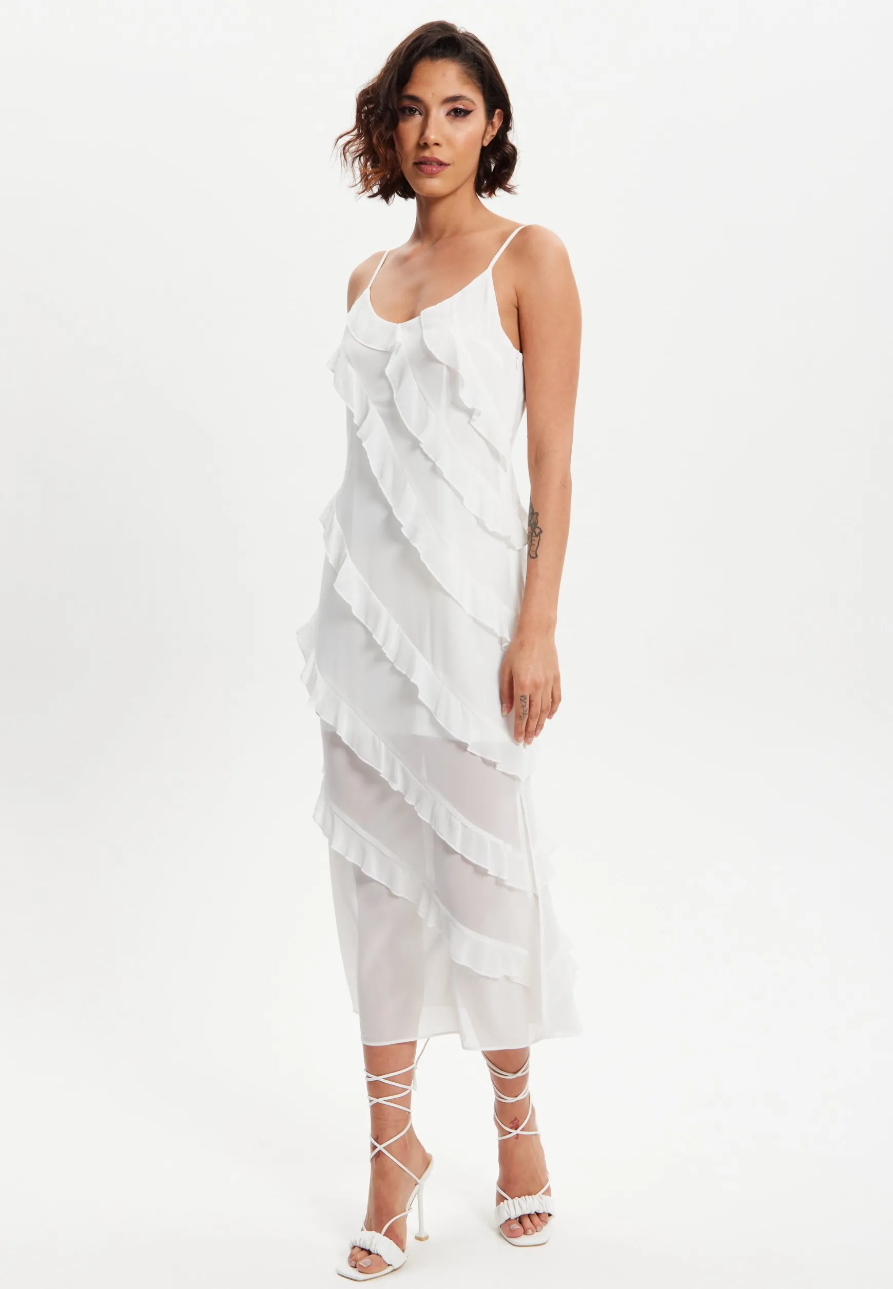 Women's Midi Dress with Adjustable Sleeves in White - Elegant Frill Design by Liquorish