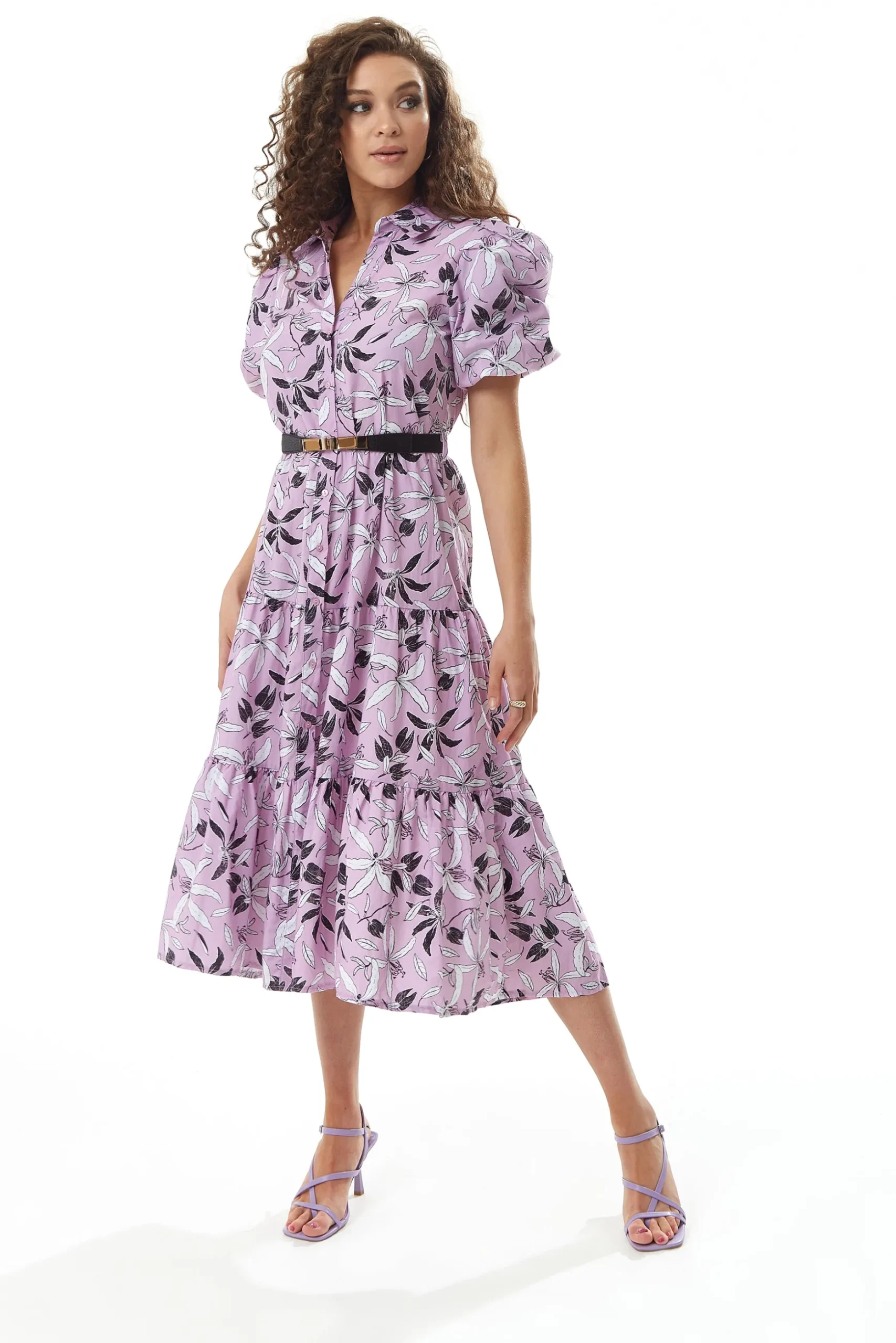 Women's Midi Dress with Balloon Sleeves in Lilac - Floral Print Button Up Style by Liquorish
