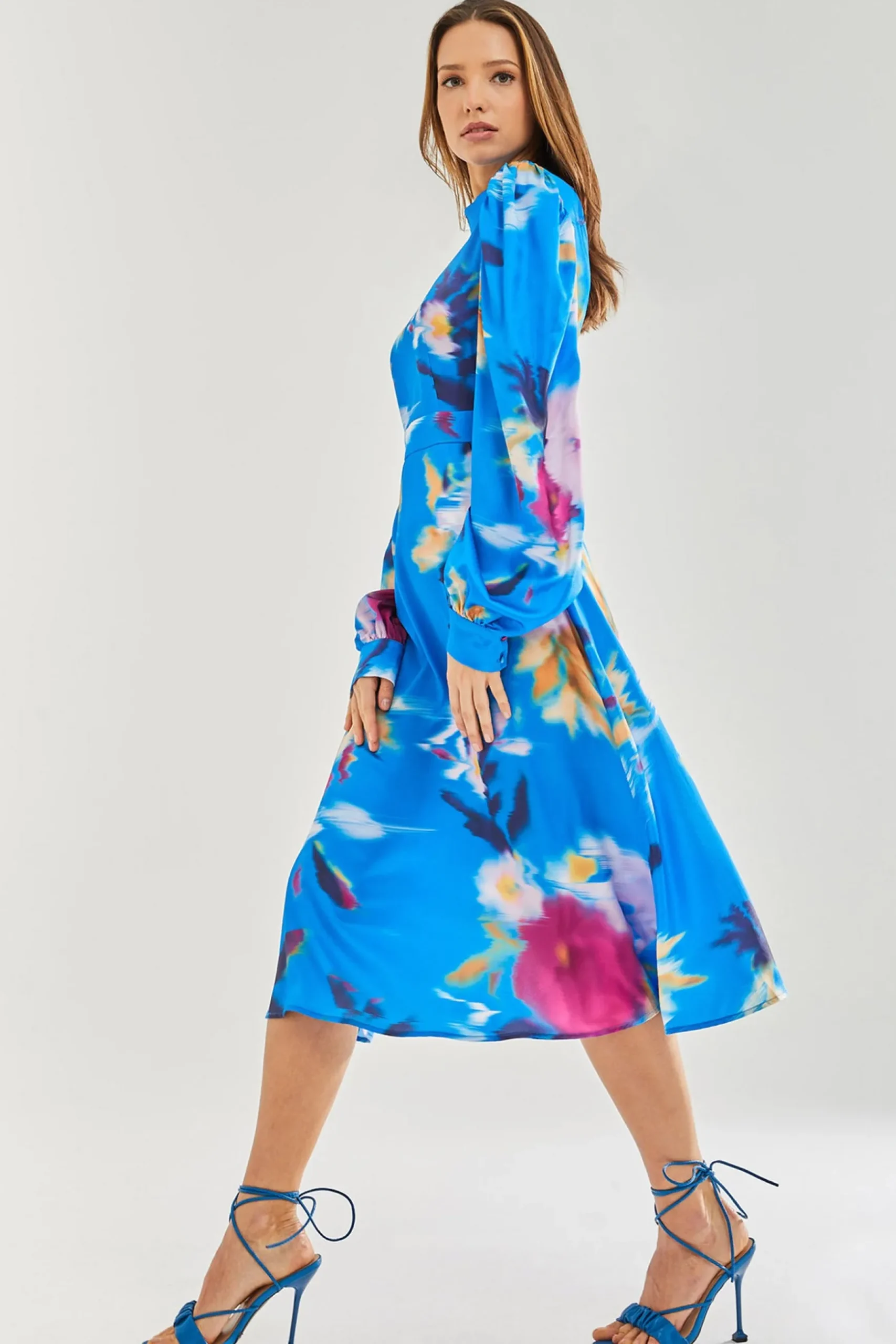 Women's Midi Dress with Balloon Sleeves in Blue Floral Satin - Stylish Cut Out Back by Liquorish