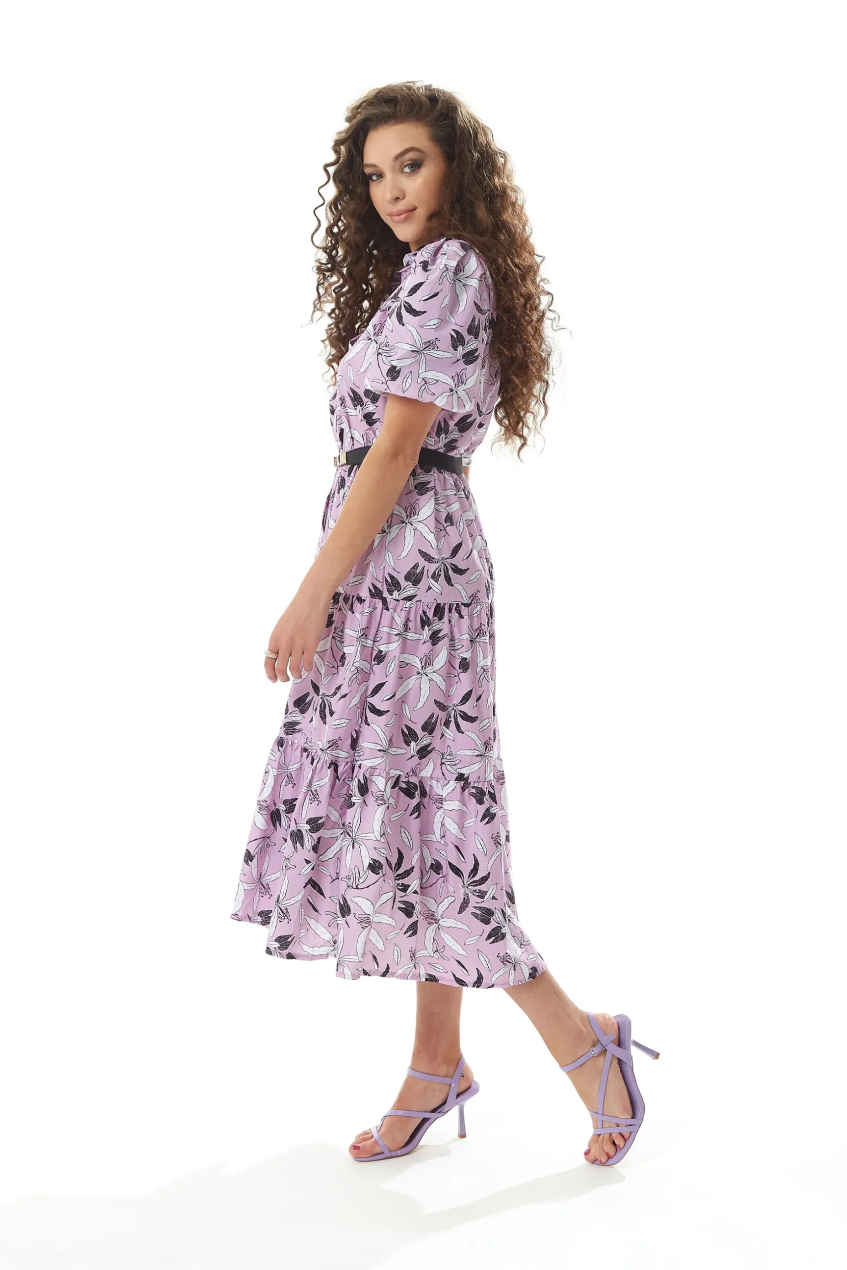 Women's Midi Dress with Balloon Sleeves in Lilac - Floral Print Button Up Style by Liquorish