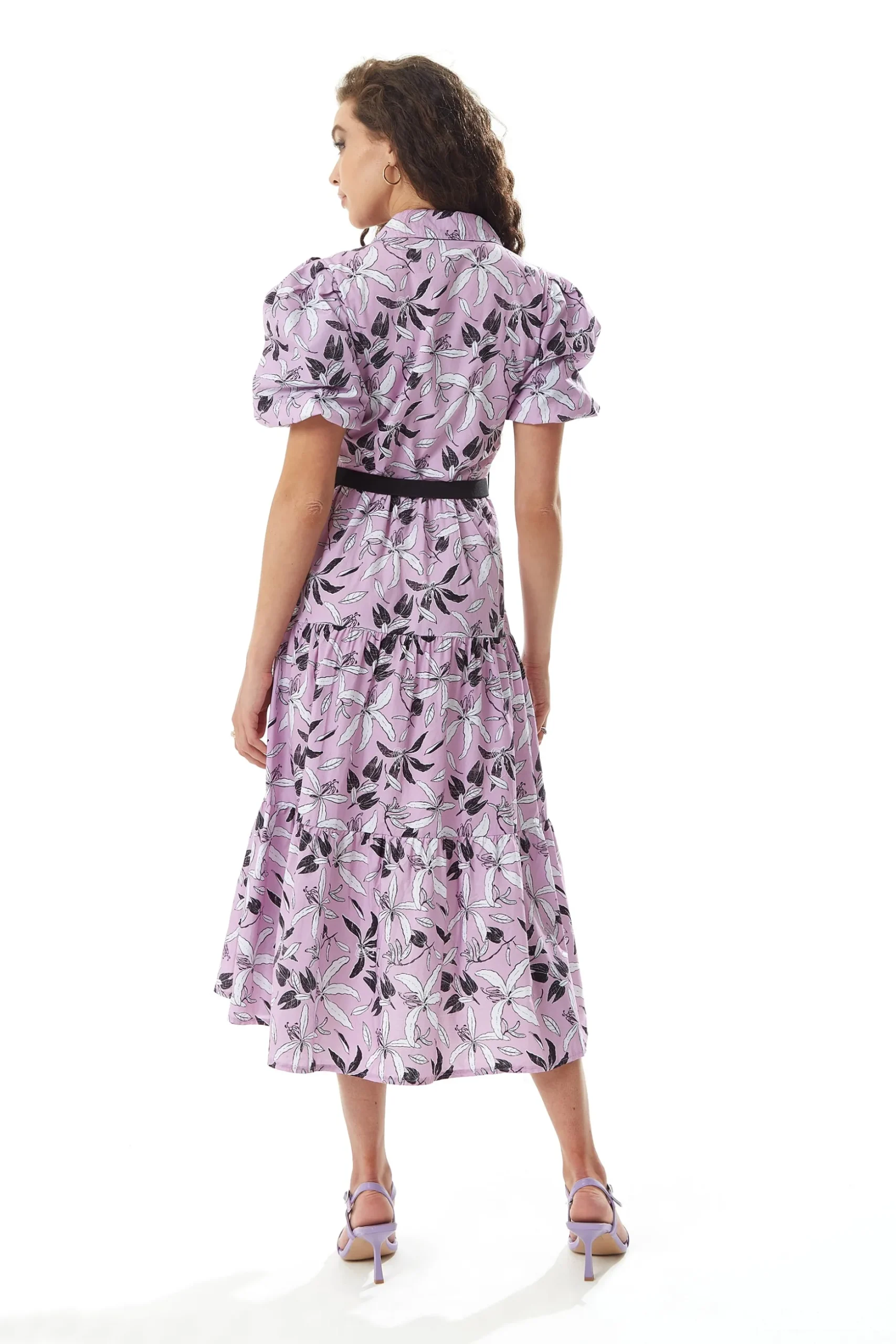 Women's Midi Dress with Balloon Sleeves in Lilac - Floral Print Button Up Style by Liquorish