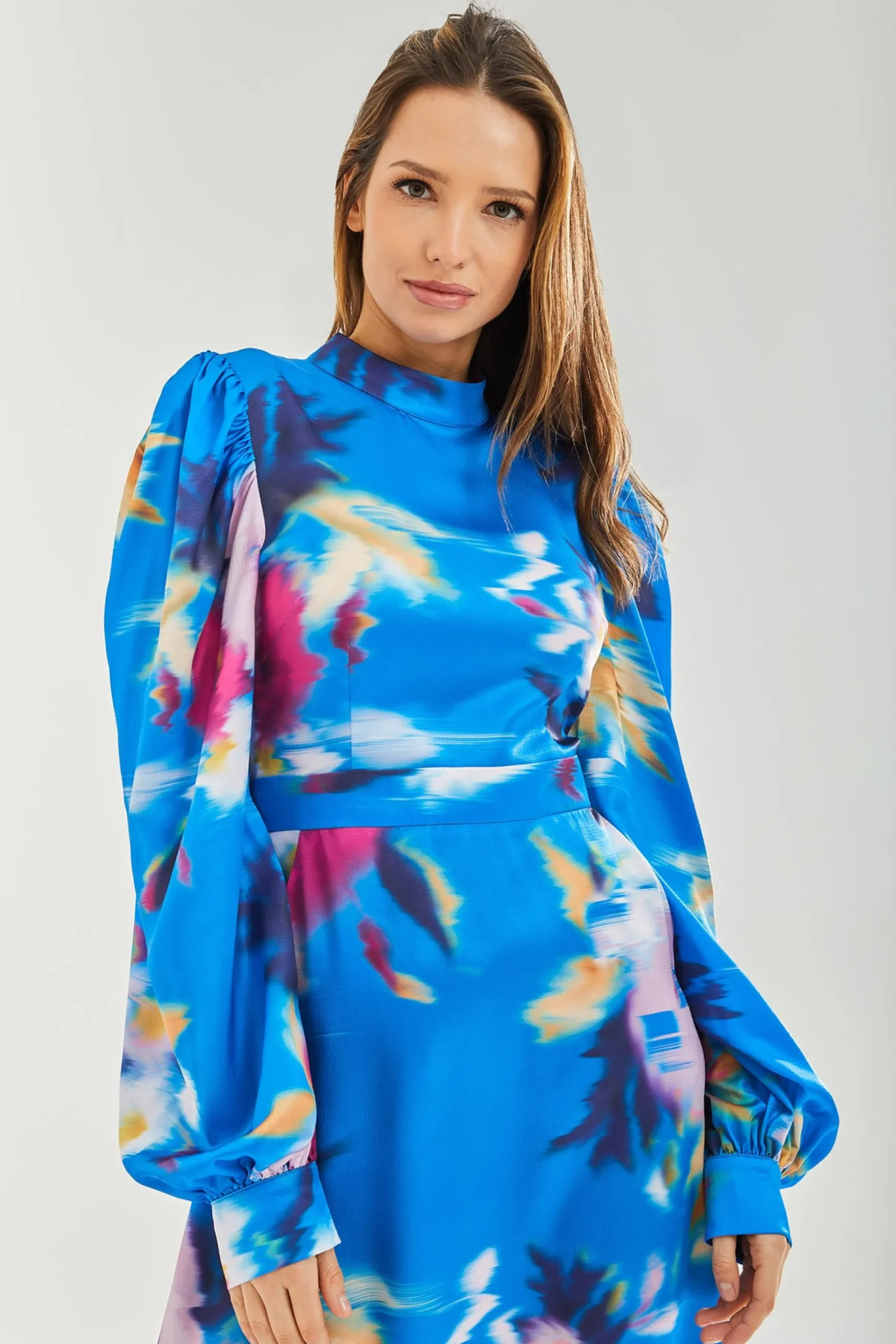 Women's Midi Dress with Balloon Sleeves in Blue Floral Satin - Stylish Cut Out Back by Liquorish
