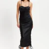 Women’s Midi Dress with Corseted Style, Metallic Foil Finish, Eyelet Accents, Bodycon Fit in Black Lycra