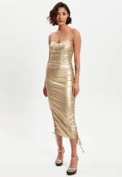 Women’s Midi Dress with Corset Style, Metallic Foil Gold Lycra, Eyelet Details, Bodycon Fit