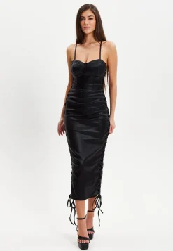 Women’s Midi Dress with Corseted Style, Metallic Foil Finish, Eyelet Accents, Bodycon Fit in Black Lycra