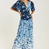 Women's Midi Dress with Floral Print in Blue, Navy and White, Short Sleeves - Liquorish