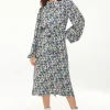 Women's Midi Dress with Floral Print, Peter Pan Collar, Balloon Long Sleeves, Self-Fabric Waist Belt, Button-Up Front