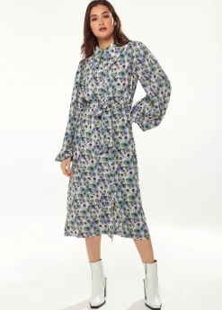 Women's Midi Dress with Floral Print, Peter Pan Collar, Balloon Long Sleeves, Self-Fabric Waist Belt, Button-Up Front