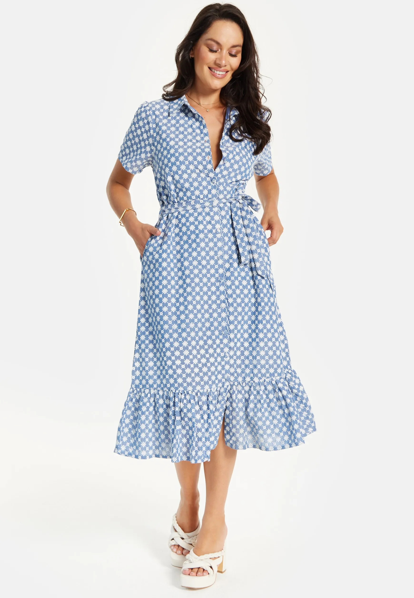 Women’s Midi Dress with Floral Embroidery, Self-Tie Waist, Breathable Short Sleeves, Tiered Ruffle Hem, and Functional Pockets