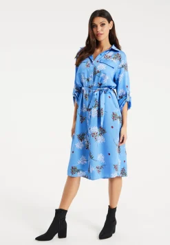 Women’s Midi Dress with Floral Print, Light Blue, Chic Shirt Design, Waist Tie Detail, Full-Length Sleeves
