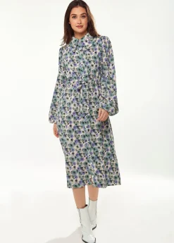 Women's Midi Dress with Floral Print, Peter Pan Collar, Balloon Long Sleeves, Self-Fabric Waist Belt, Button-Up Front