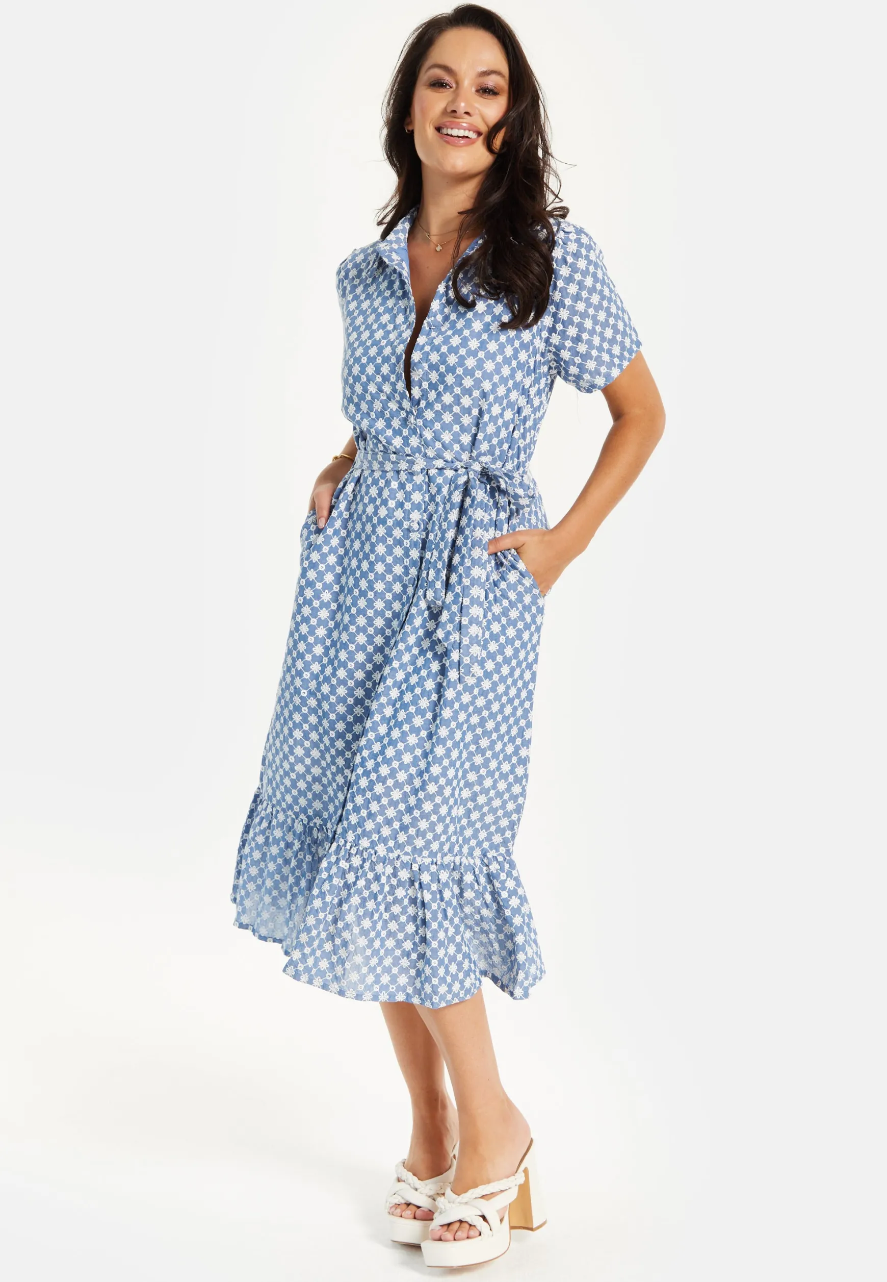 Women’s Midi Dress with Floral Embroidery, Self-Tie Waist, Breathable Short Sleeves, Tiered Ruffle Hem, and Functional Pockets