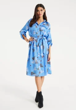 Women’s Midi Dress with Floral Print, Light Blue, Chic Shirt Design, Waist Tie Detail, Full-Length Sleeves